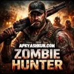 Zombie Hunter feature image showing an armed survivor with shotgun facing zombies in a burning city.