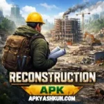 Reconstruction APK game app icon showing a worker rebuilding a damaged city with cranes and construction equipment.