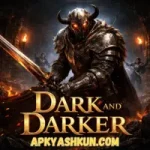 Dark and Darker APK feature image showing a warrior in dark armor holding a sword in a shadowy dungeon with magical allies in the background.