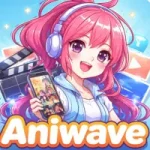Aniwave app feature image showing an anime girl with headphones holding a phone.
