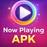Now Playing APK app feature image with colorful play button icon on purple background