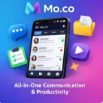 Mo.co app interface displayed on a smartphone with chat, files, and productivity icons around it